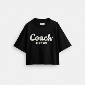 COACH® Cursive Signature Cropped Women T-Shirt Black | BIPW67549