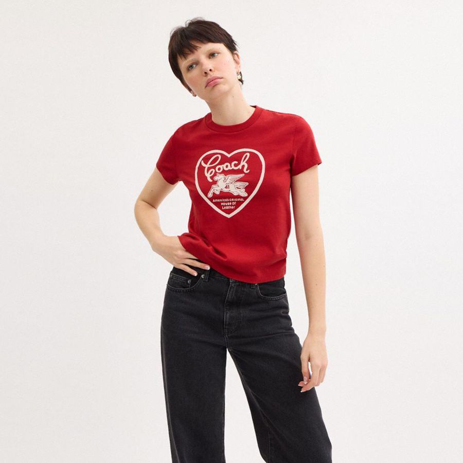 COACH® 90 S Heart In Organic Cotton Women T-Shirt Red | MSYZ82357