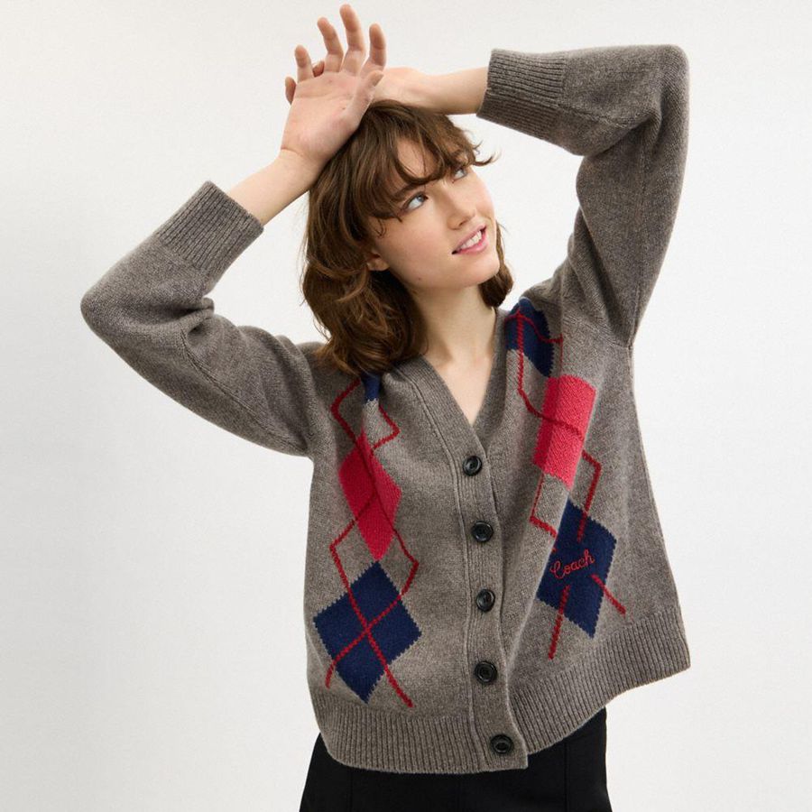 COACH® Argyle Cardigan Women Sweater Grey | CQYT05974