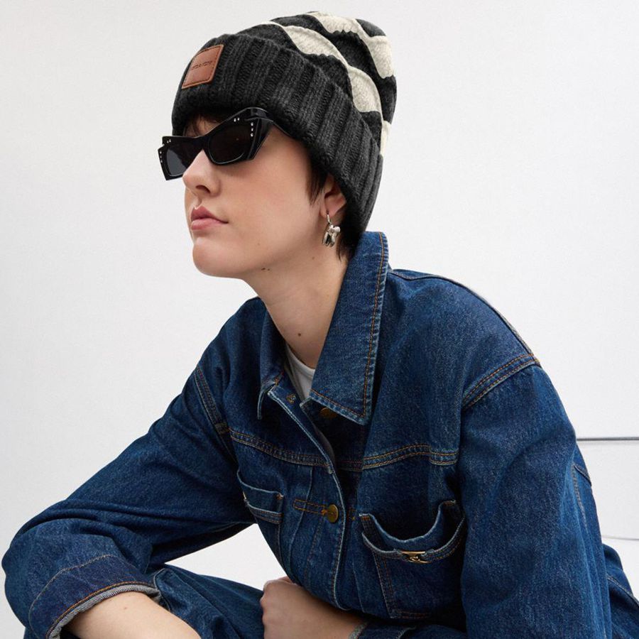 COACH® Bobble Stripe Men Beanie Black | LPQA43796