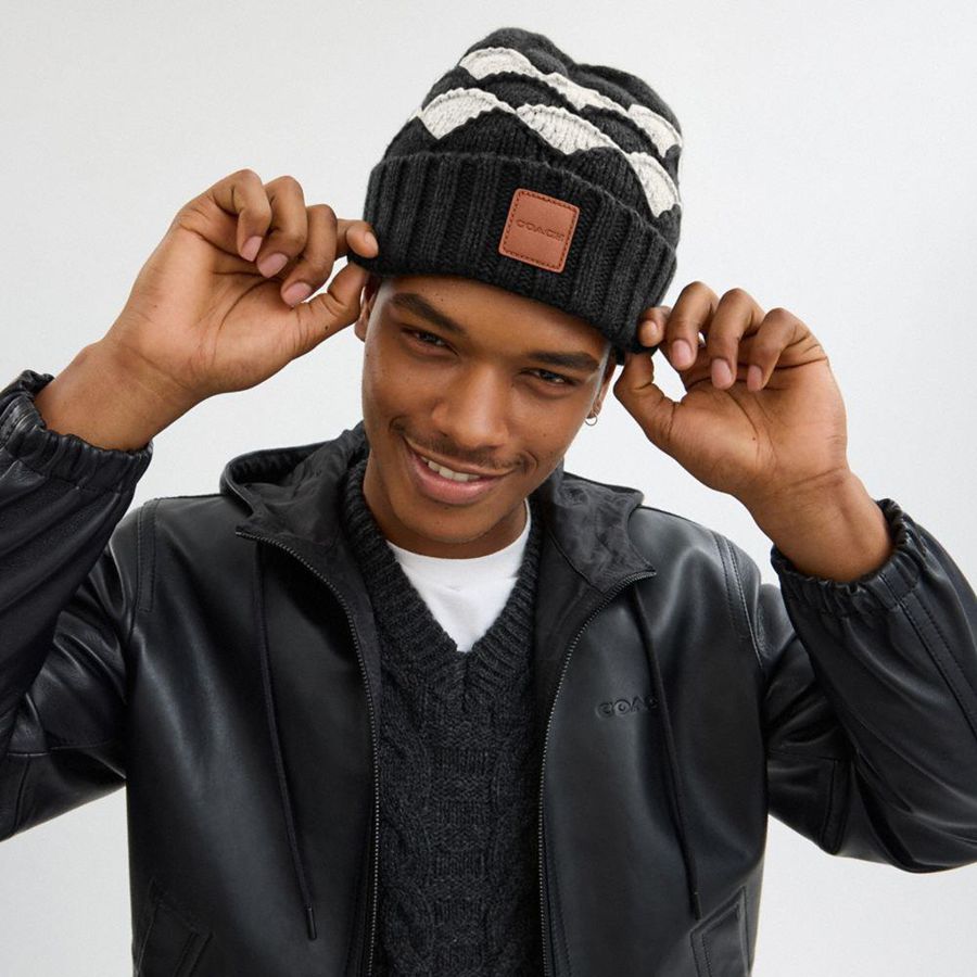 COACH® Bobble Stripe Men Beanie Black | LPQA43796