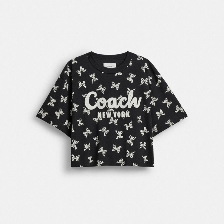 COACH® Bow Print Cursive Signature Cropped Women T-Shirt Black | ZXIF72541
