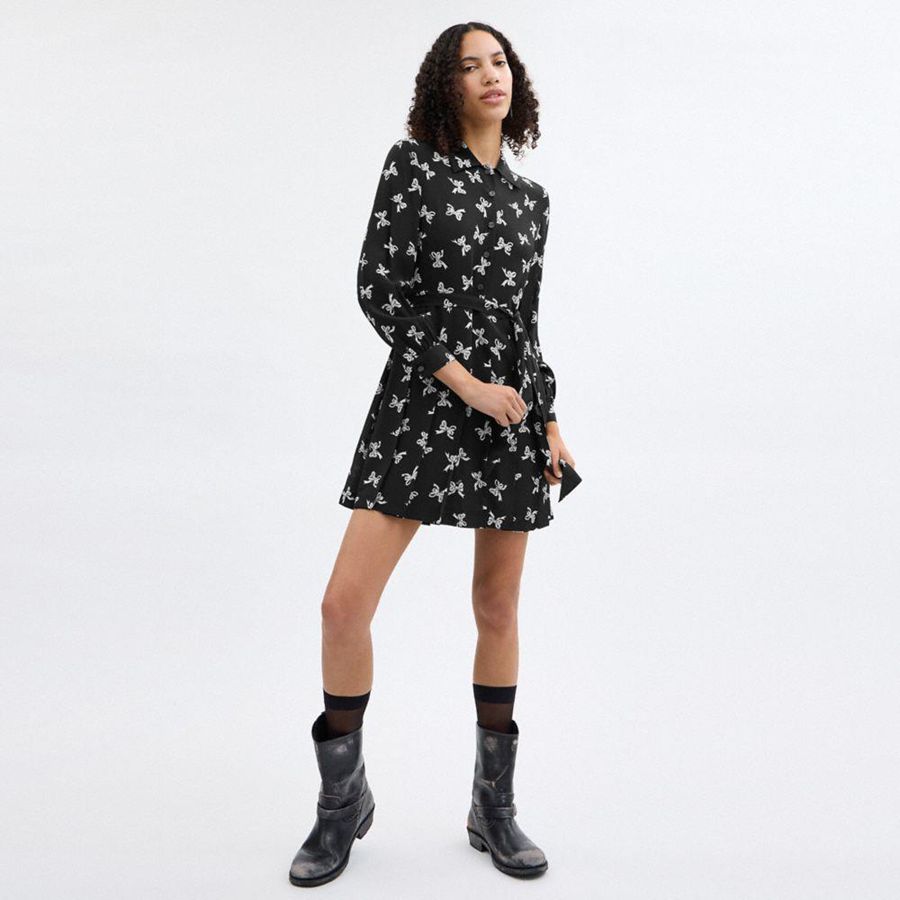 COACH® Bow Print Silk Women Dress Black | HFQW89402