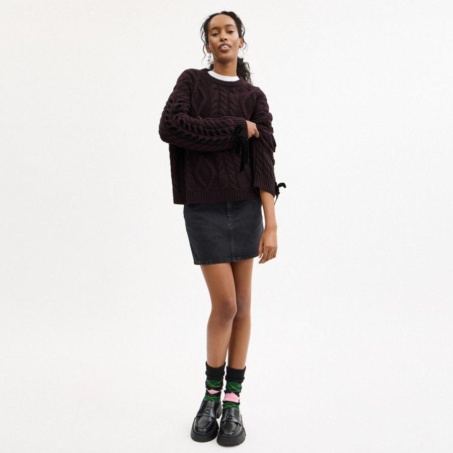 COACH® Cable Knit Bow Women Sweater Burgundy | OJVL09365