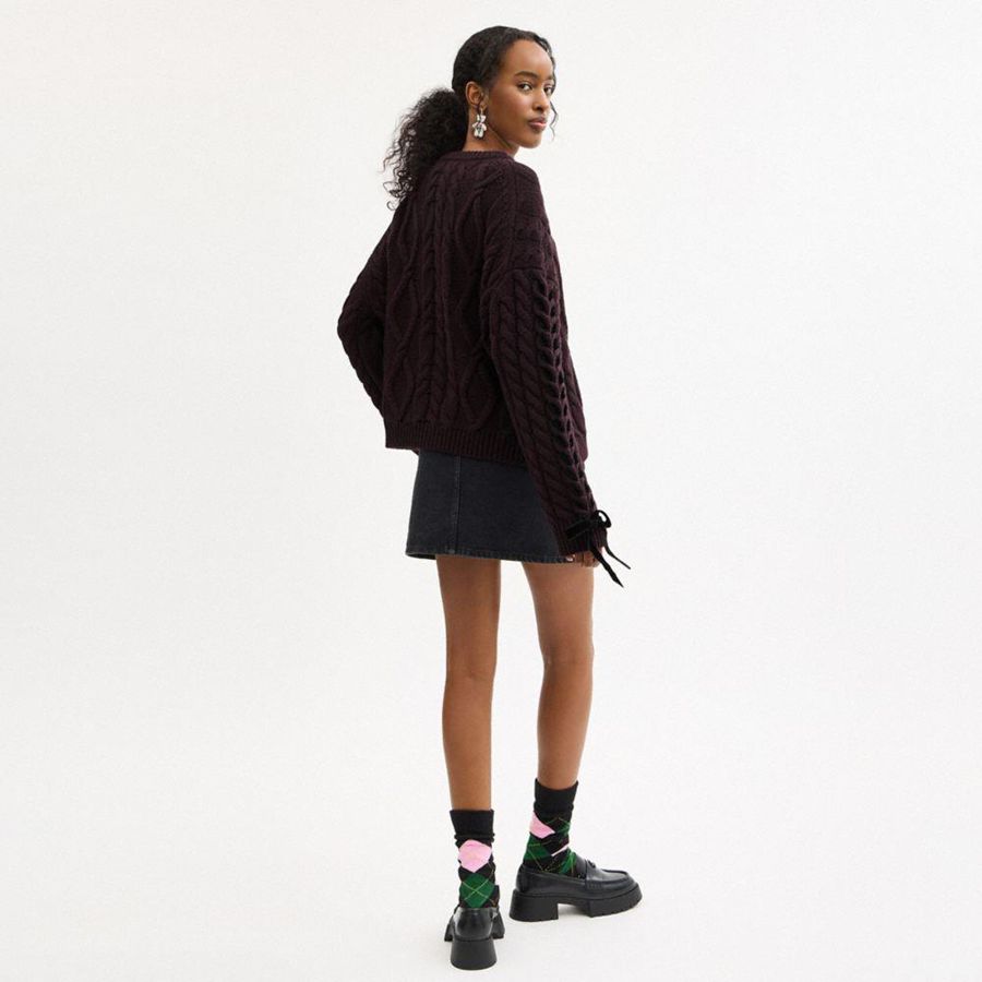 COACH® Cable Knit Bow Women Sweater Burgundy | OJVL09365