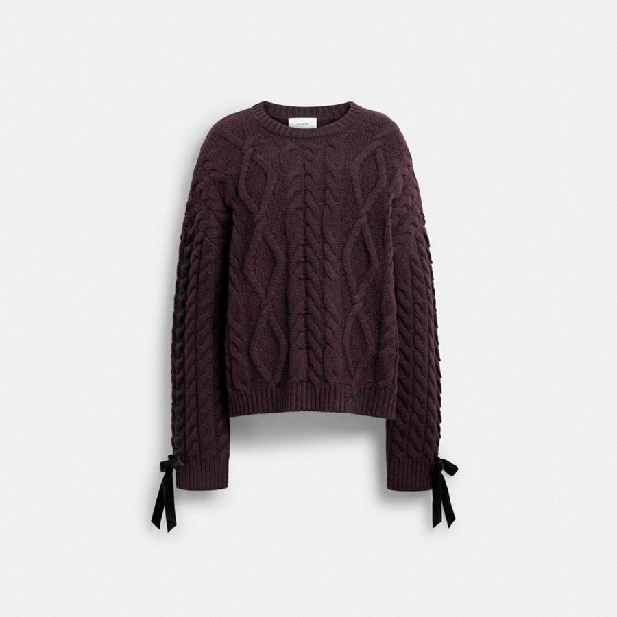 COACH® Cable Knit Bow Women Sweater Burgundy | OJVL09365