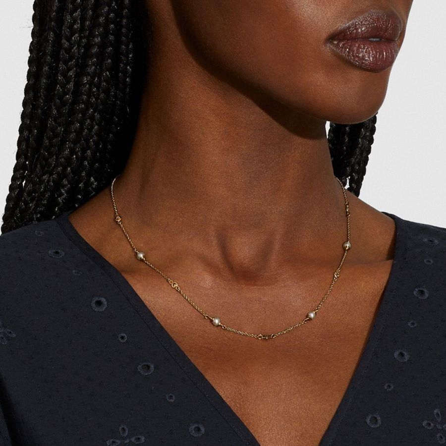 COACH® Classic Crystal Pearl Necklace Women Jewelry Gold | NMJA78429