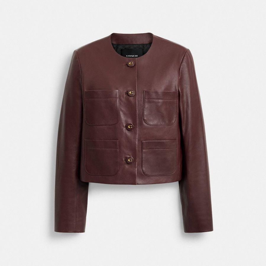 COACH® Collarless Leather Women Jacket Burgundy | AGFI93512