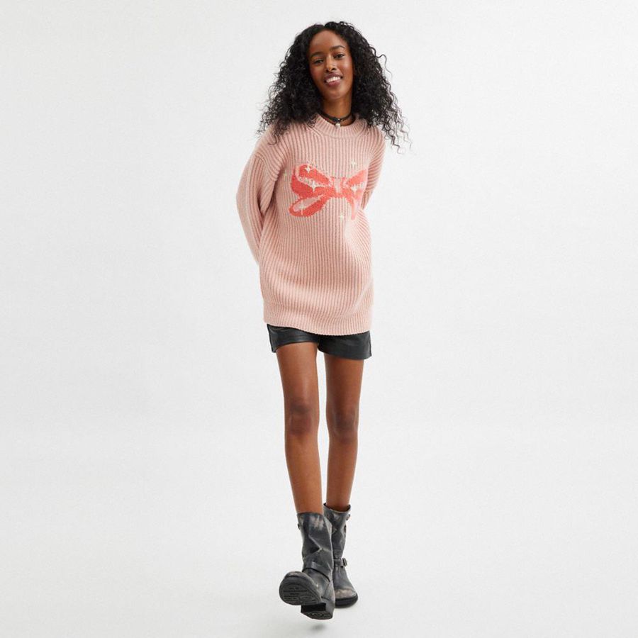 COACH® Crewneck Bow In Recycled Wool Women Sweater Pink | LPFO30681