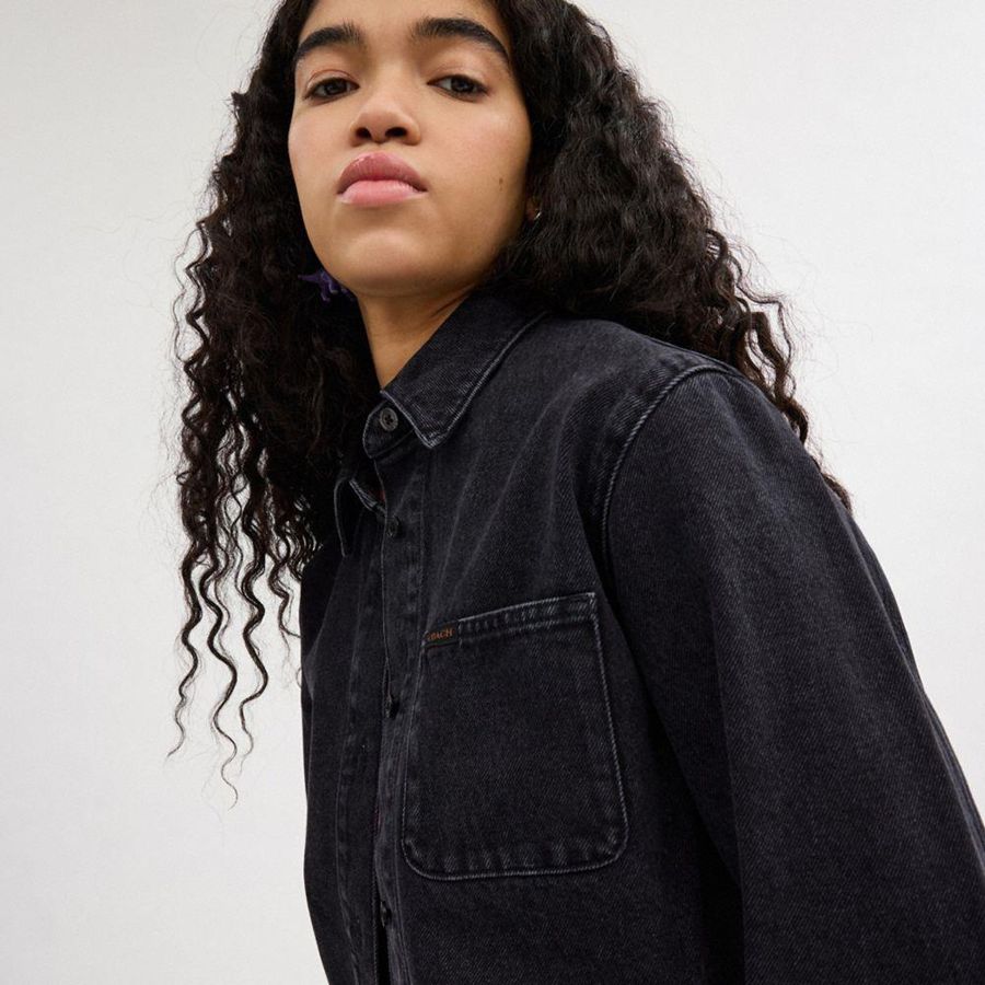 COACH® Cropped Denim Button Down In Organic Cotton Women Shirt Black | CJBZ58094