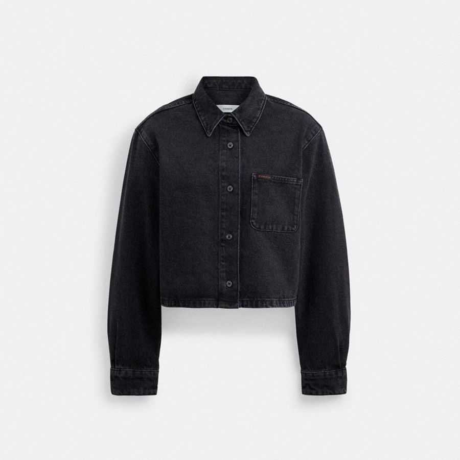 COACH® Cropped Denim Button Down In Organic Cotton Women Shirt Black | CJBZ58094