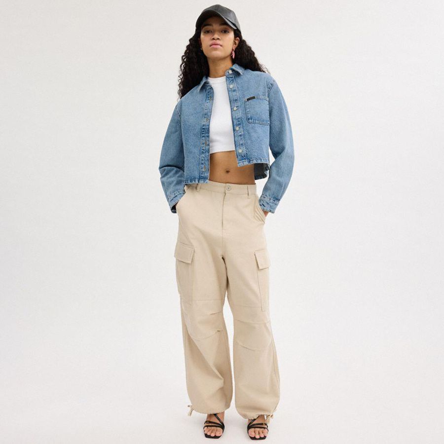 COACH® Cropped Denim Button Down Women Shirt Blue | HWPA98312