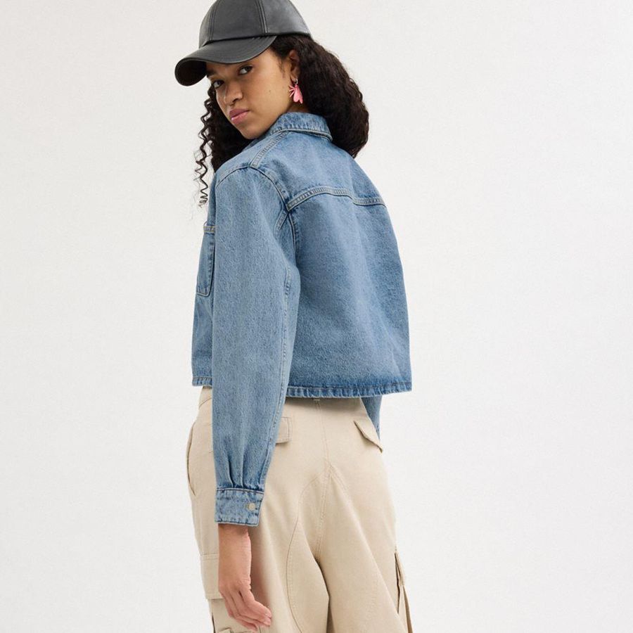 COACH® Cropped Denim Button Down Women Shirt Blue | HWPA98312