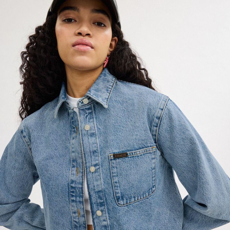 COACH® Cropped Denim Button Down Women Shirt Blue | HWPA98312