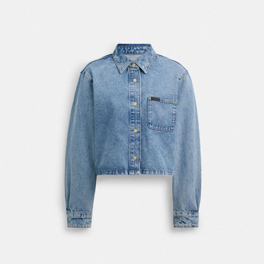 COACH® Cropped Denim Button Down Women Shirt Blue | HWPA98312