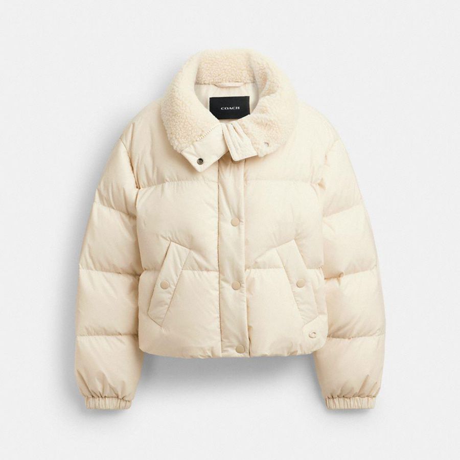 COACH® Cropped Puffer In Recycled Polyamide With Sherpa Collar Women Jacket White | TOBE95287
