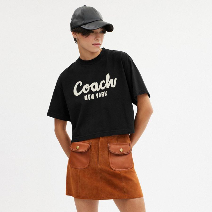 COACH® Cursive Signature Cropped Women T-Shirt Black | BIPW67549