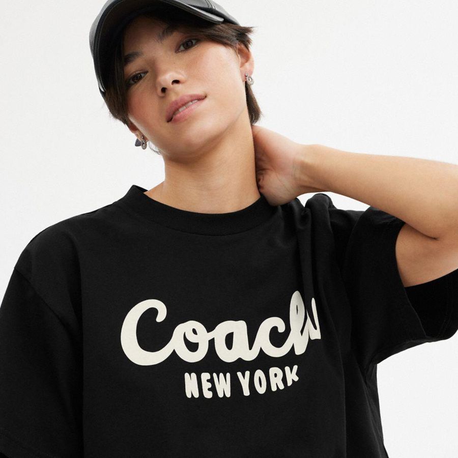 COACH® Cursive Signature Cropped Women T-Shirt Black | BIPW67549