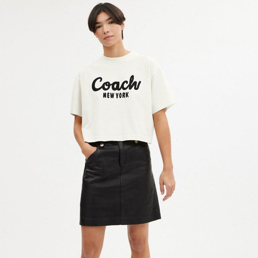 COACH® Cursive Signature Cropped Women T-Shirt White | FHRC58041