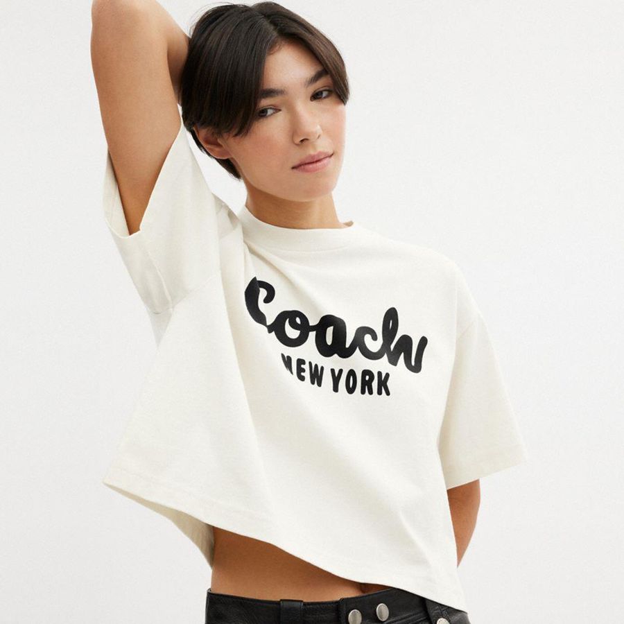 COACH® Cursive Signature Cropped Women T-Shirt White | FHRC58041