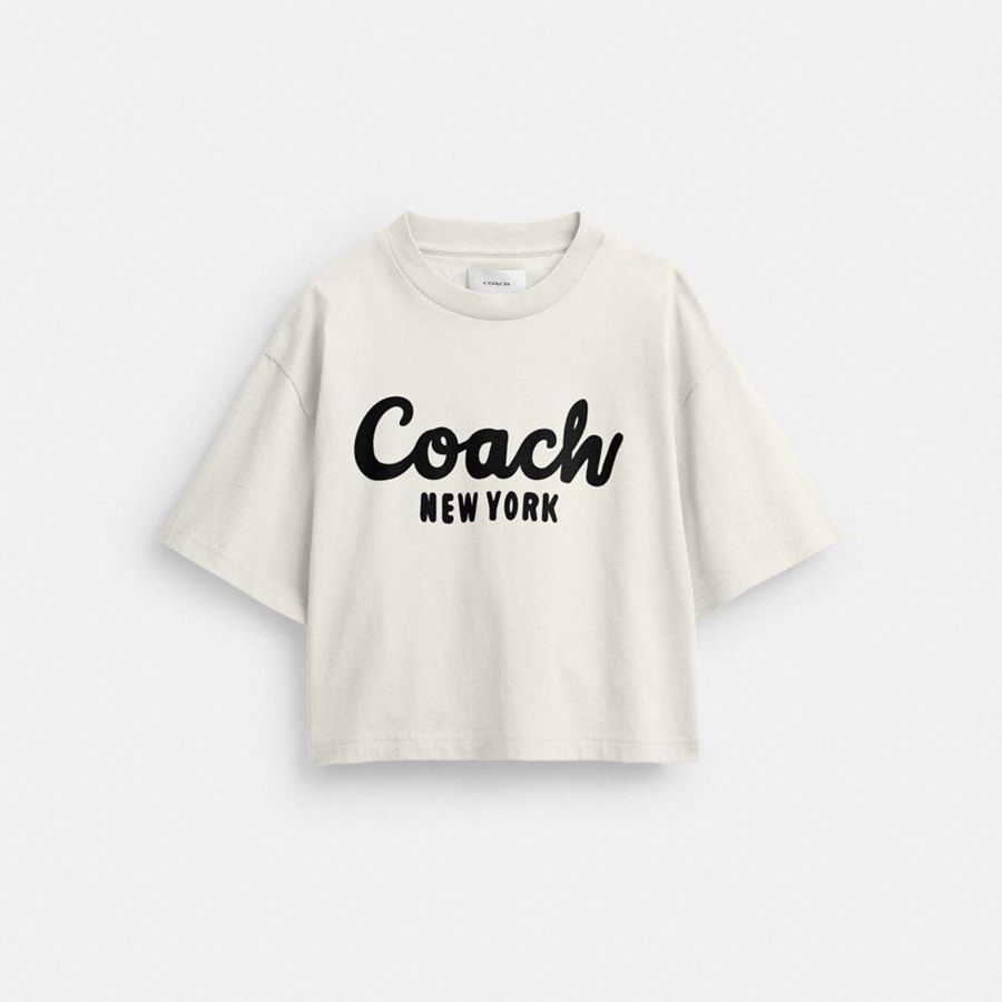 COACH® Cursive Signature Cropped Women T-Shirt White | FHRC58041