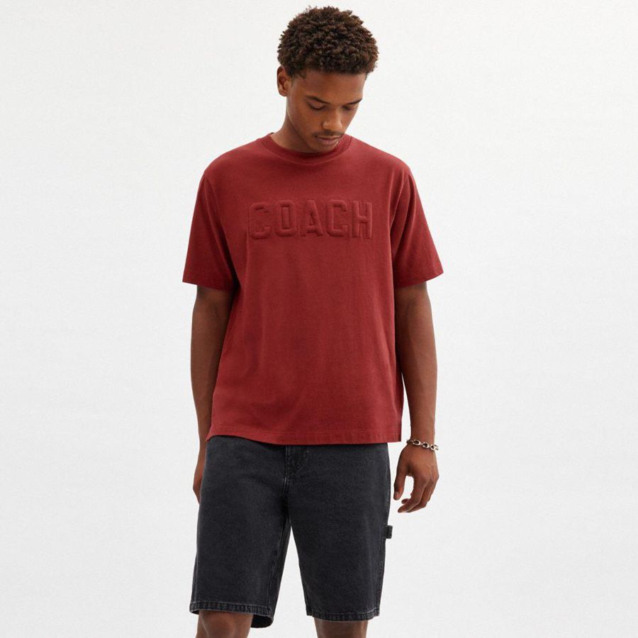 COACH® Debossed In Organic Cotton Women T-Shirt Burgundy | POEV67482
