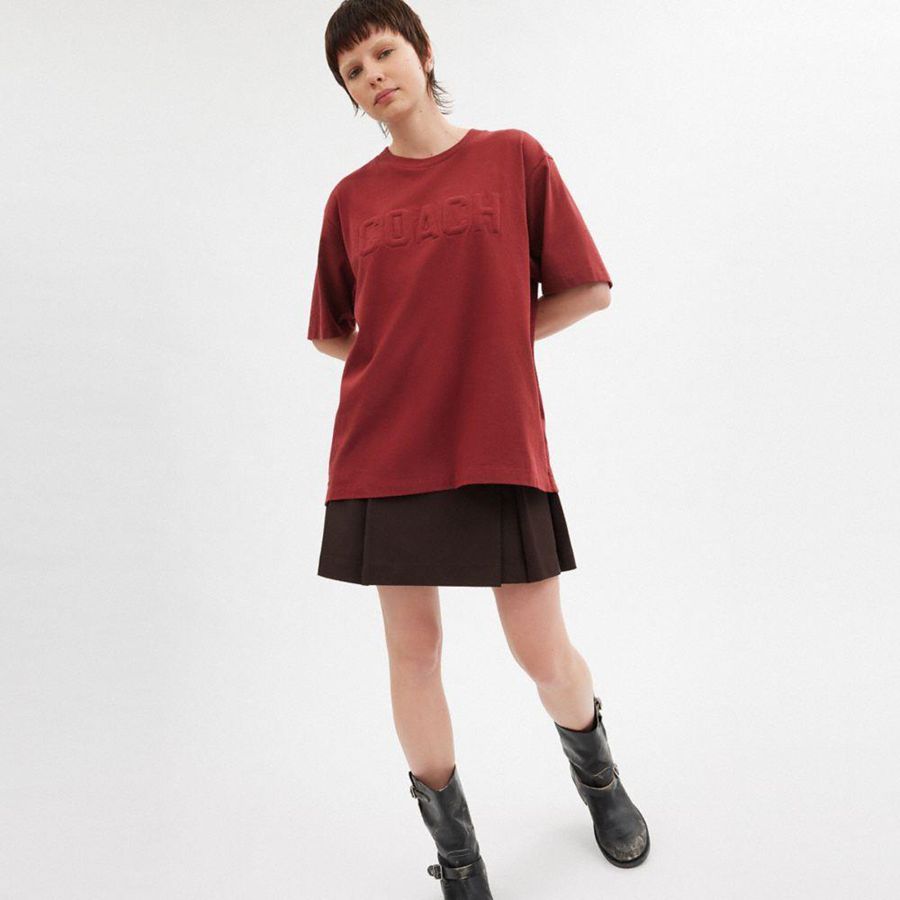 COACH® Debossed In Organic Cotton Women T-Shirt Burgundy | POEV67482