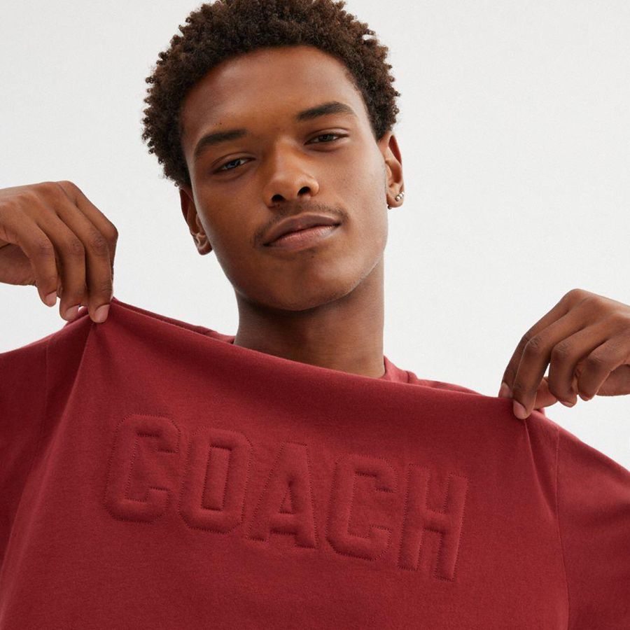 COACH® Debossed In Organic Cotton Women T-Shirt Burgundy | POEV67482
