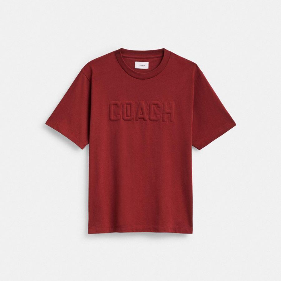 COACH® Debossed In Organic Cotton Women T-Shirt Burgundy | POEV67482