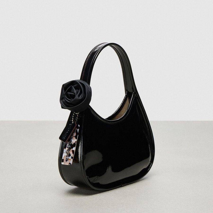 COACH® Ergo In Crinkle Patent Coachtopia Leather With Rosette Women Hobo Bag Black | PZNG04398