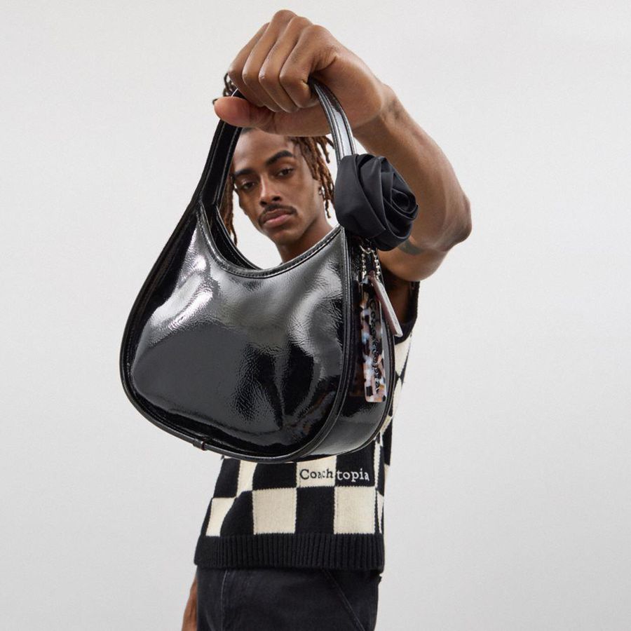 COACH® Ergo In Crinkle Patent Coachtopia Leather With Rosette Women Hobo Bag Black | PZNG04398