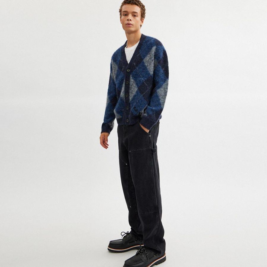 COACH® Fuzzy Argyle Cardigan Men Sweater Navy | CNTZ15734