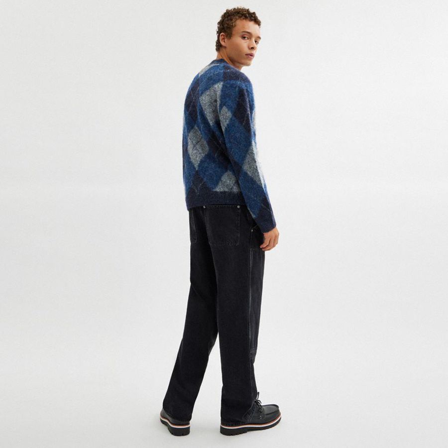 COACH® Fuzzy Argyle Cardigan Men Sweater Navy | CNTZ15734