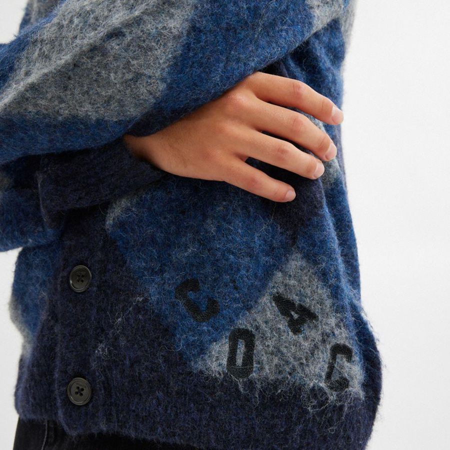 COACH® Fuzzy Argyle Cardigan Men Sweater Navy | CNTZ15734