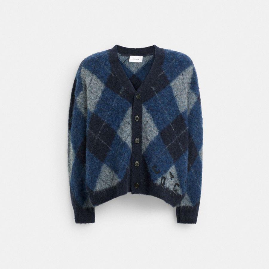 COACH® Fuzzy Argyle Cardigan Men Sweater Navy | CNTZ15734