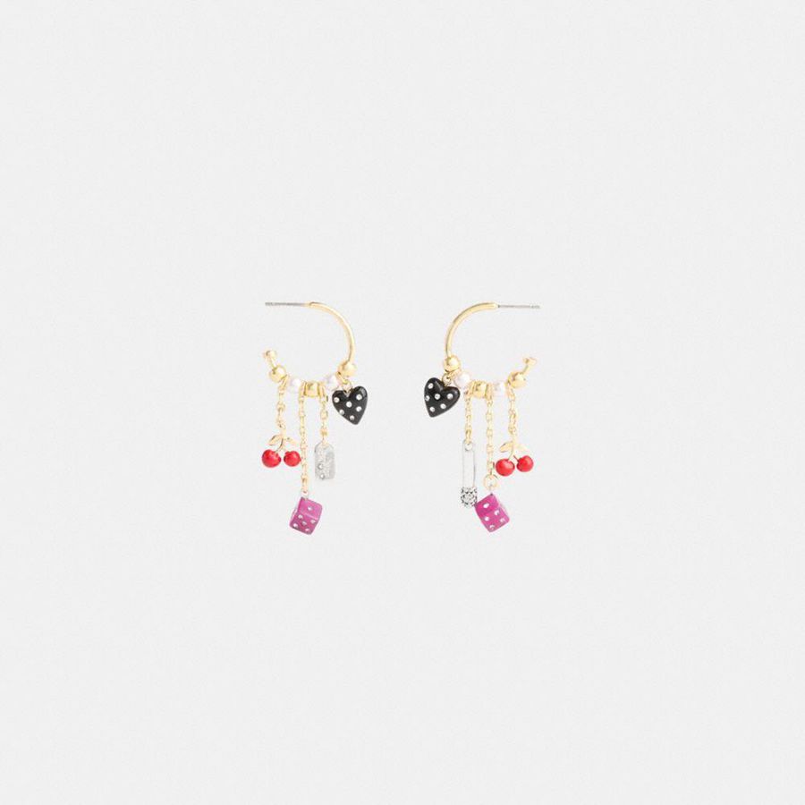 COACH® Heart And Dice Charm Hoop Earrings Women Jewelry Gold | MOEX03865