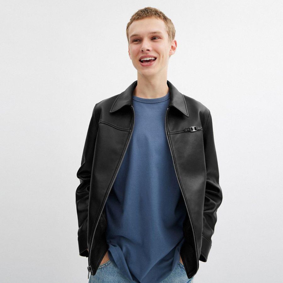 COACH® Heritage C Lightweight Leather Men Jacket Black | OMWS74908