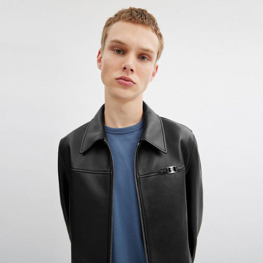 COACH® Heritage C Lightweight Leather Men Jacket Black | OMWS74908