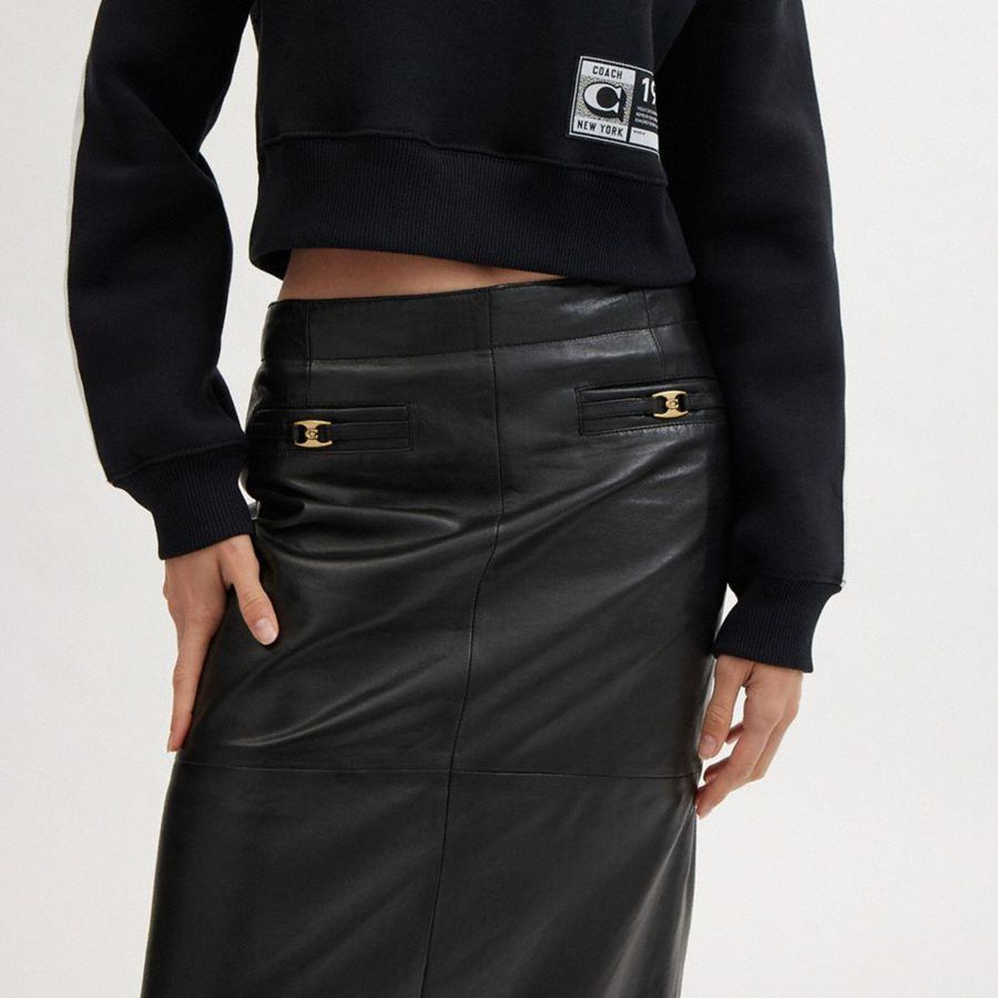 COACH® Heritage C Long Leather Women Skirt Black | AQME12593