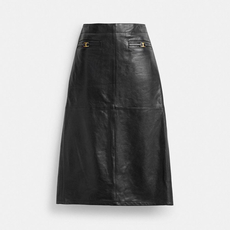 COACH® Heritage C Long Leather Women Skirt Black | AQME12593