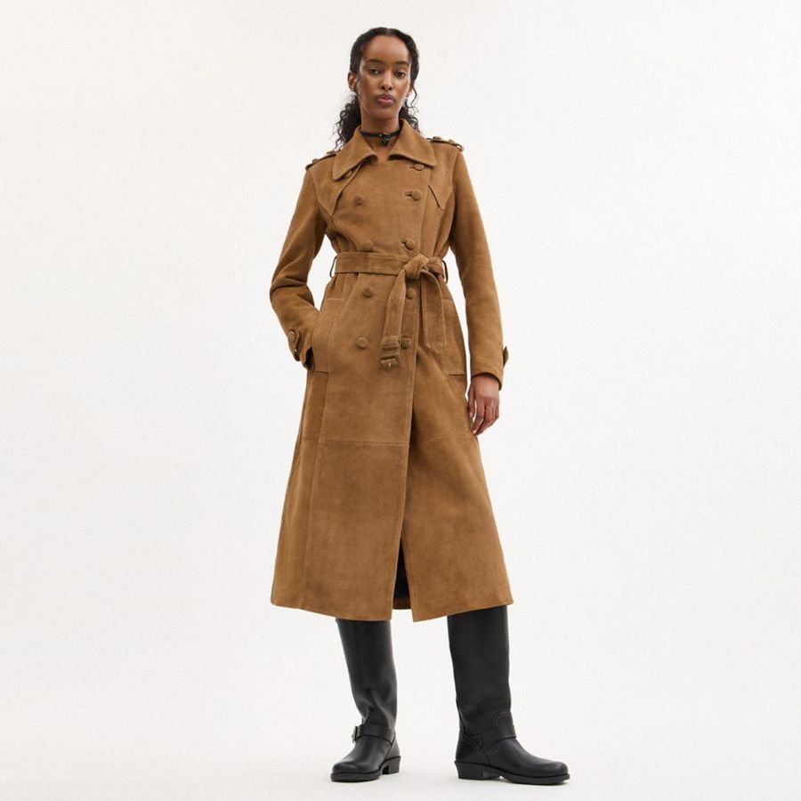 COACH® Heritage C Plaque Suede Trench Women Coat Brown | CGBY07321