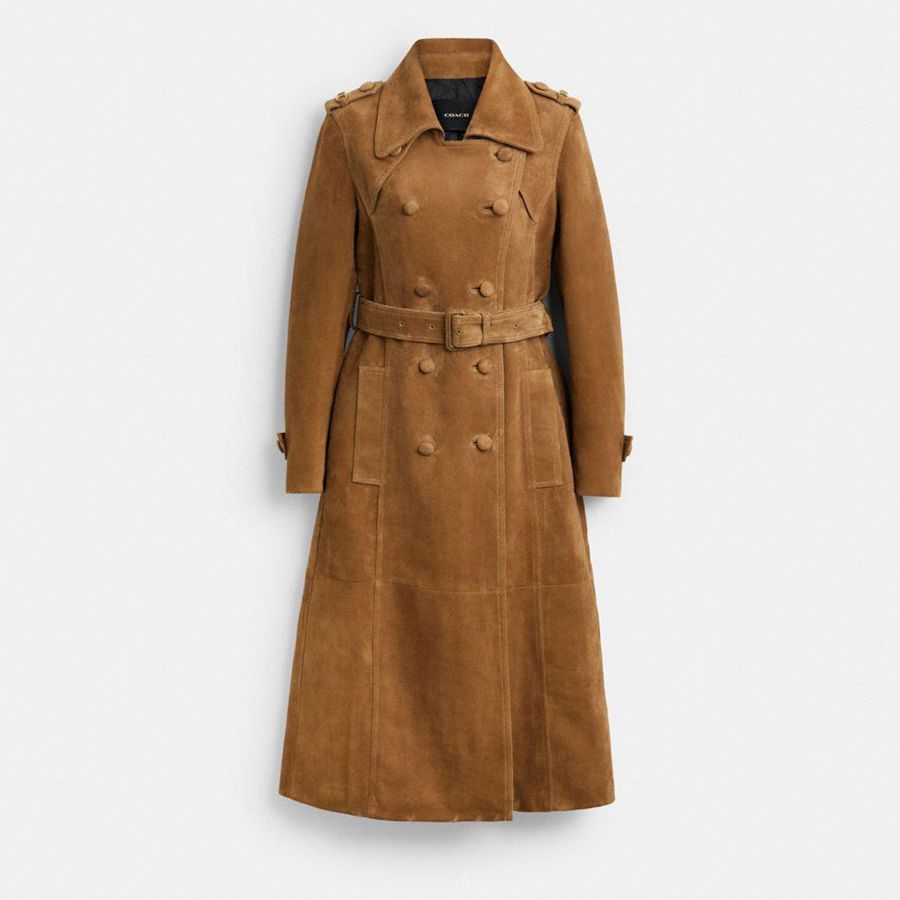 COACH® Heritage C Plaque Suede Trench Women Coat Brown | CGBY07321