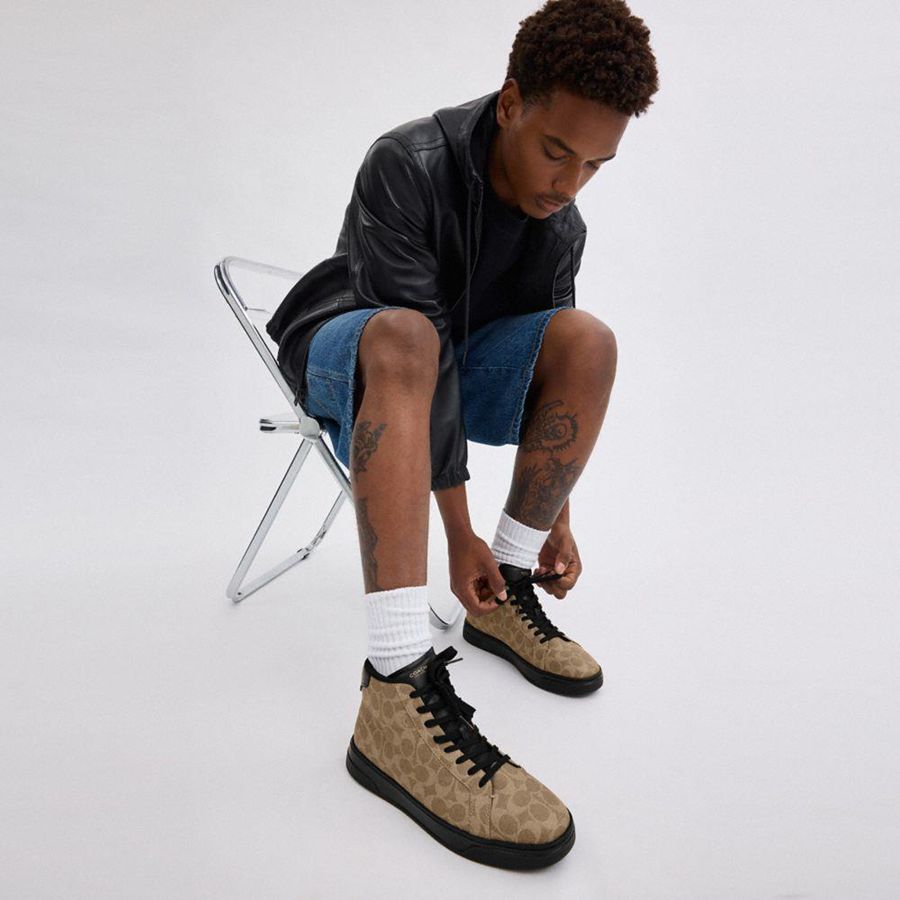 COACH® High Line High Top In Signature Canvas Men Sneakers Brown | UJHQ14609