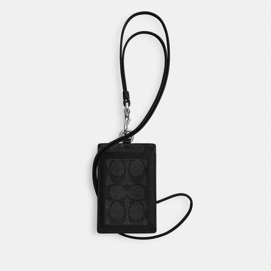 COACH® Id Lanyard With Signature Canvas Men Wallet Black | GLAP59627