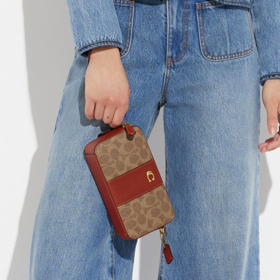 COACH® Kira Crossbody In Colorblock Signature Canvas Women Clutch Bags Brown | TENG24593