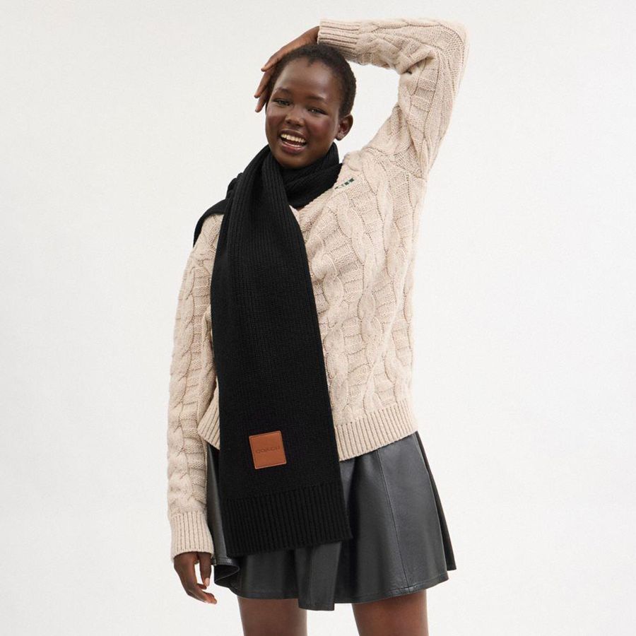 COACH® Knit Muffler With Leather Patch Men Scarf Black | BWEF28163