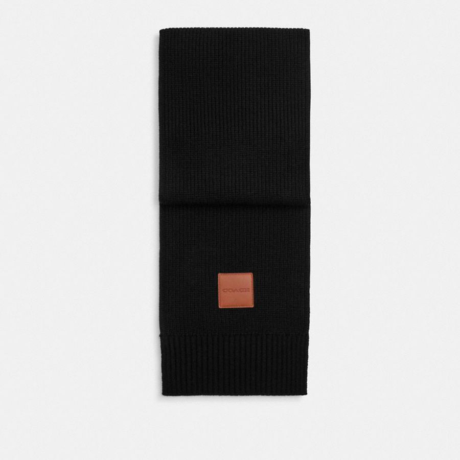 COACH® Knit Muffler With Leather Patch Men Scarf Black | BWEF28163