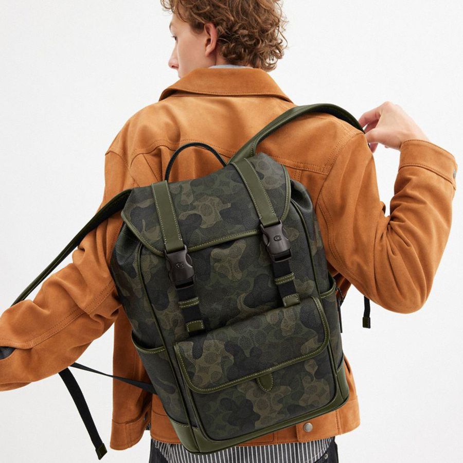 COACH® League Flap In Signature Camo Print Men Backpack Green | KFMQ96135