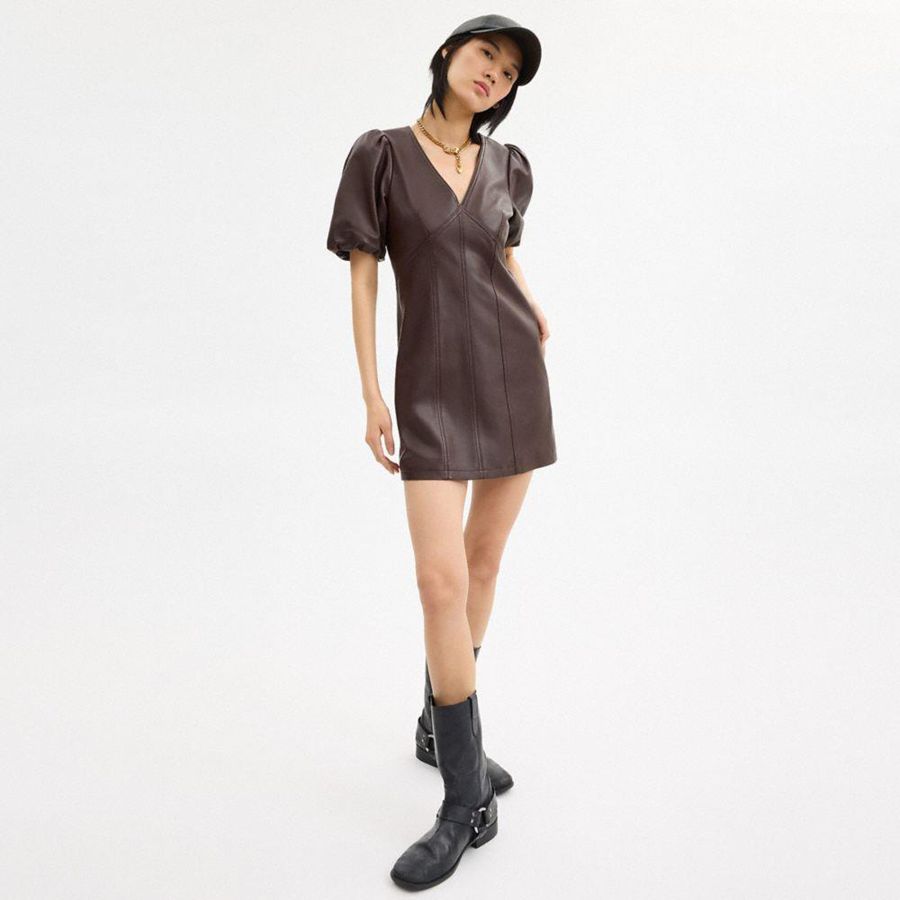 COACH® Leather Puff Sleeve Women Dress Brown | UOHZ72850