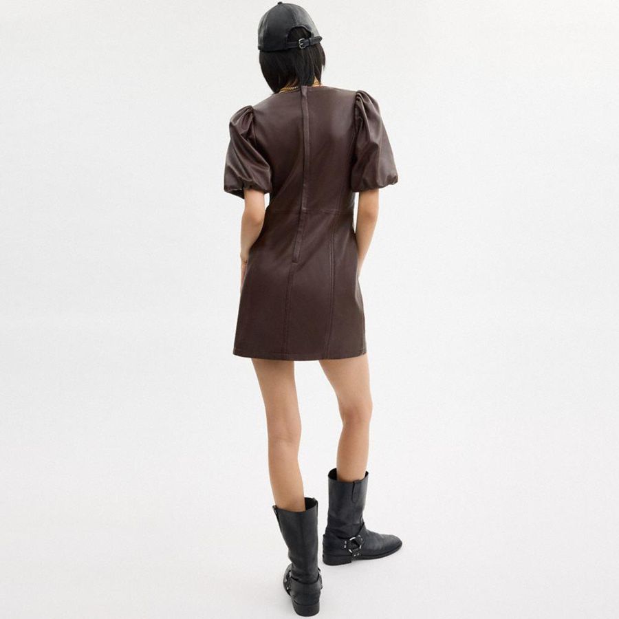 COACH® Leather Puff Sleeve Women Dress Brown | UOHZ72850